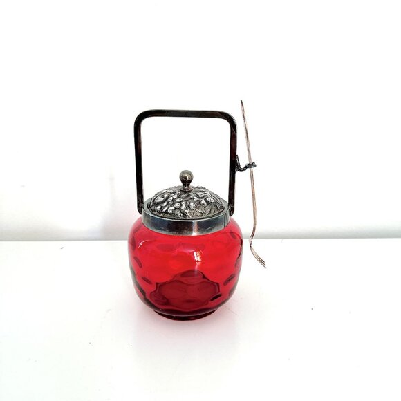 INVERTED CRANBERRY COIN DOT GLASS BISCUIT JAR WITH HANDLE AND FORK - Picture 2 of 9